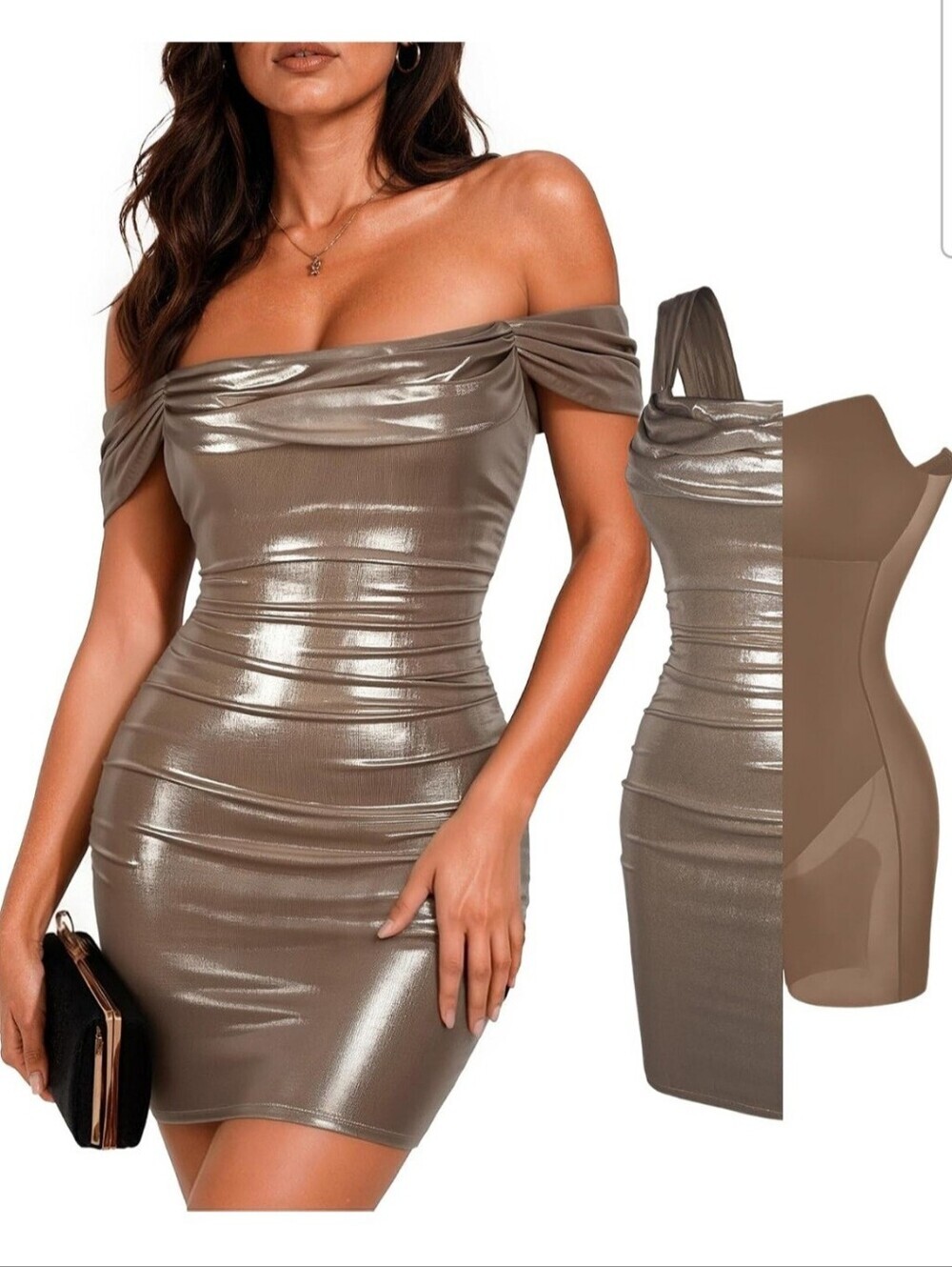 Popilush Women's Off The Shoulder Brown Metallic Shapewear Bodycon Dress 3XL